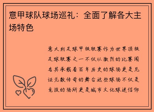 意甲球队球场巡礼：全面了解各大主场特色